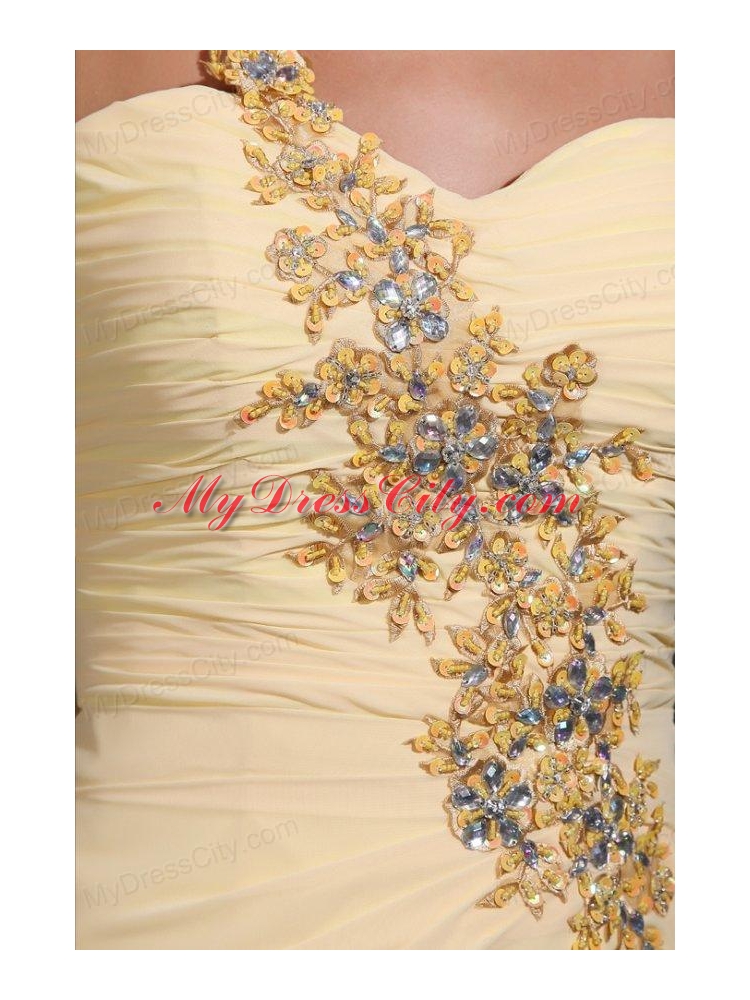 Column One Shoulder Appliques Light Yellow Watteau Train Prom Dress