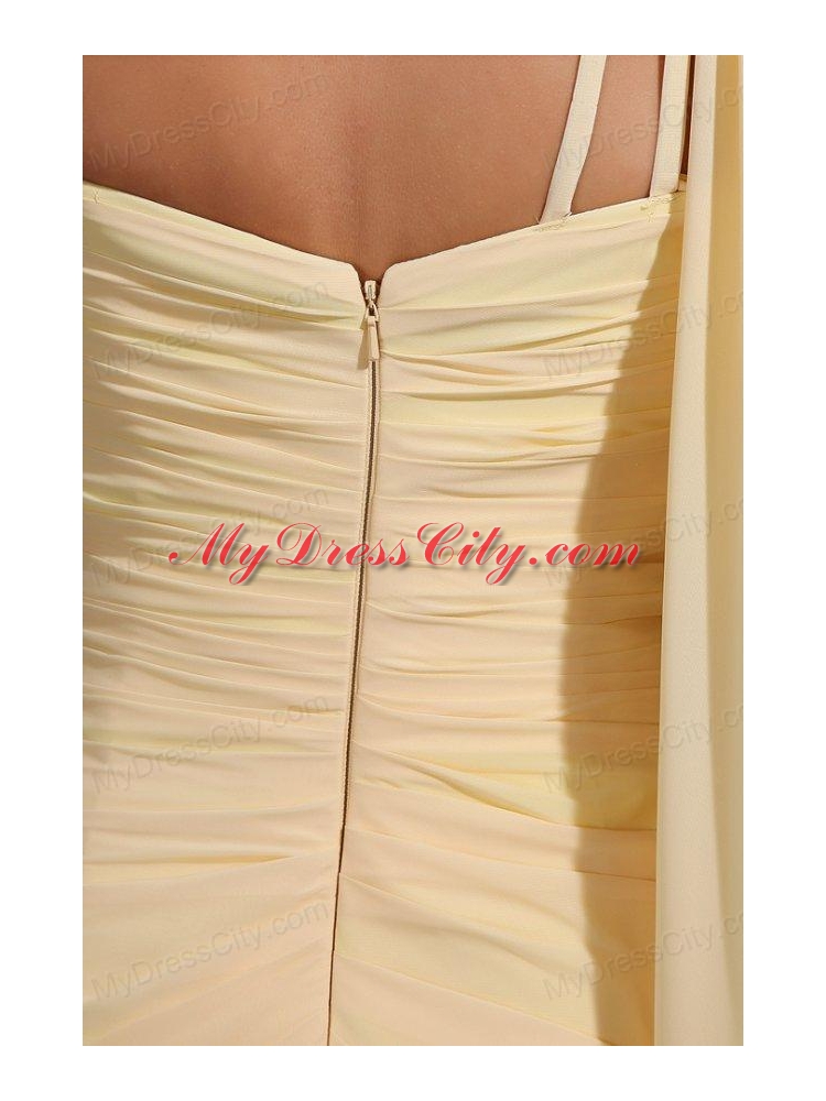 Column One Shoulder Appliques Light Yellow Watteau Train Prom Dress