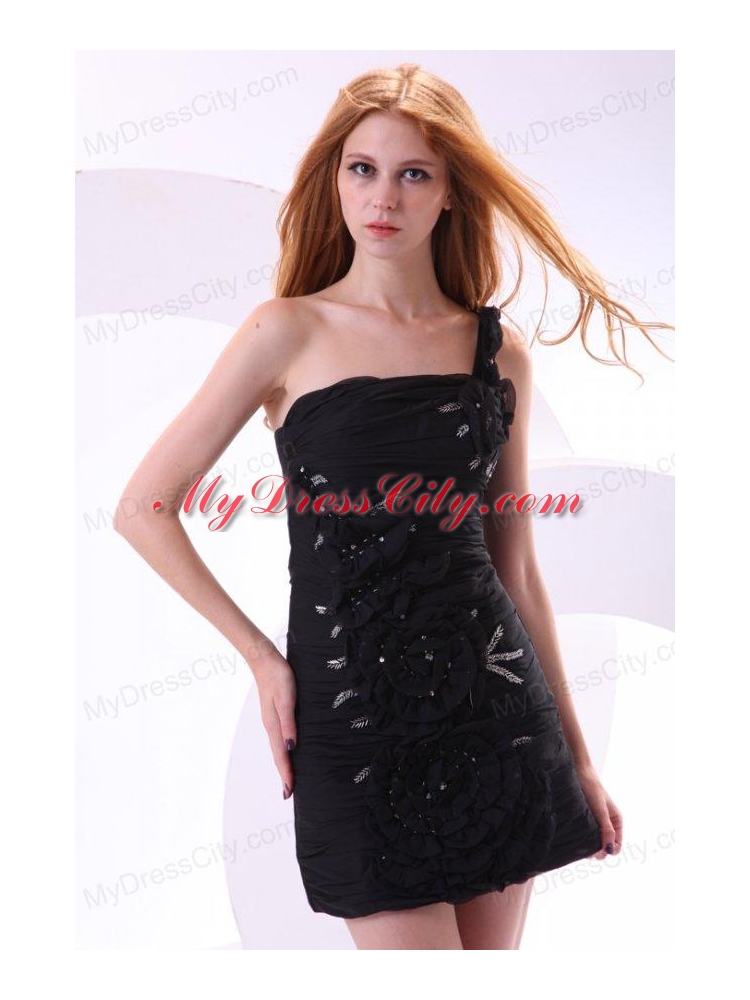 Column One Shoulder Hand Made Flowers Mini-length Black Prom Dress