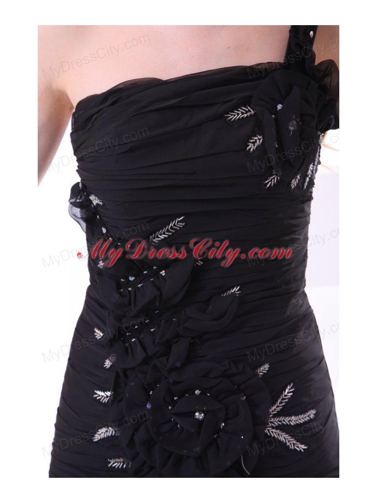 Column One Shoulder Hand Made Flowers Mini-length Black Prom Dress