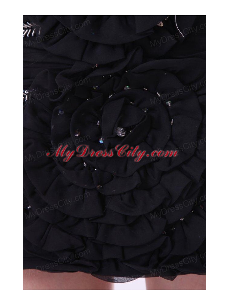 Column One Shoulder Hand Made Flowers Mini-length Black Prom Dress