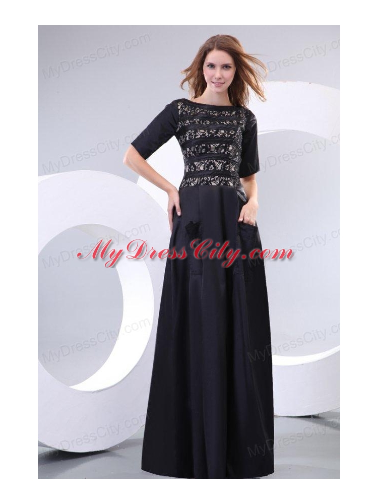 Column Scoop Black Floor-length Lace Prom Dress with Half Sleeves