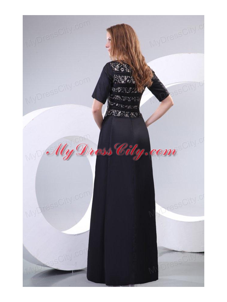 Column Scoop Black Floor-length Lace Prom Dress with Half Sleeves