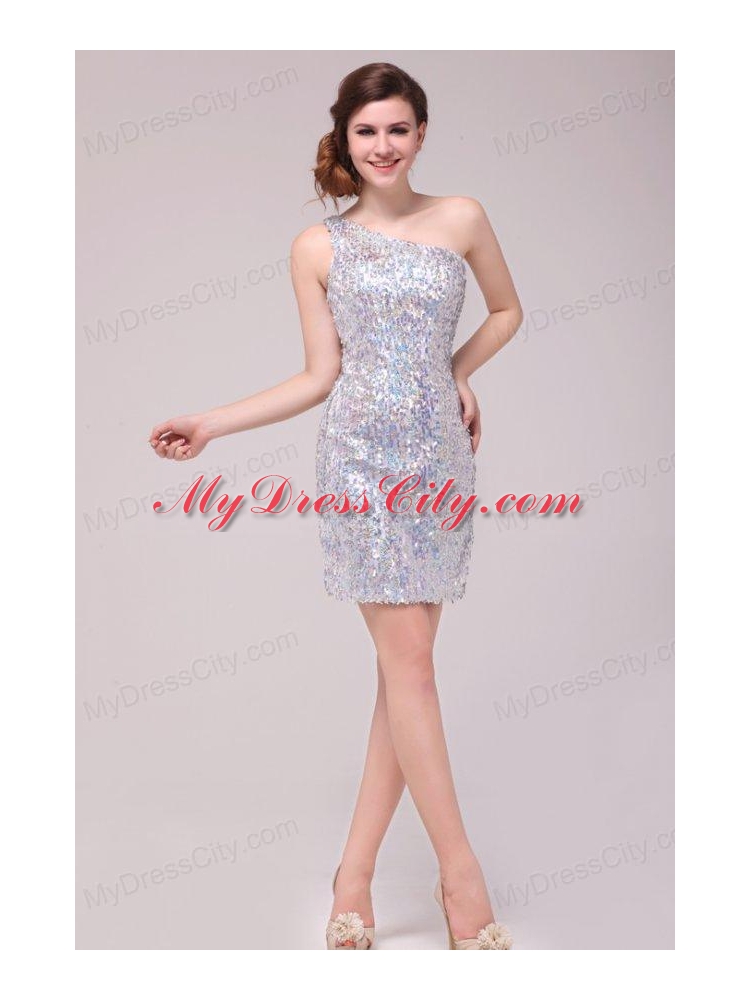 Column Sliver One Shoulder Sequins Mini-length Prom Dress