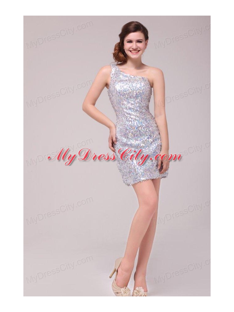 Column Sliver One Shoulder Sequins Mini-length Prom Dress