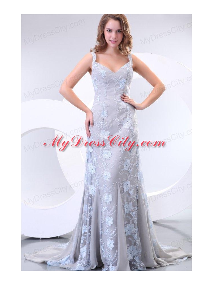 Column Straps Taffeta Grey Embroidery Prom Dress with Brush Train