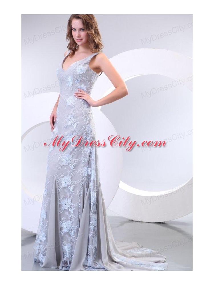 Column Straps Taffeta Grey Embroidery Prom Dress with Brush Train