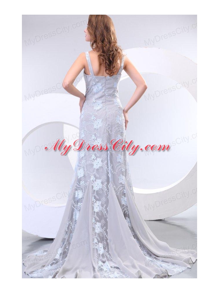 Column Straps Taffeta Grey Embroidery Prom Dress with Brush Train