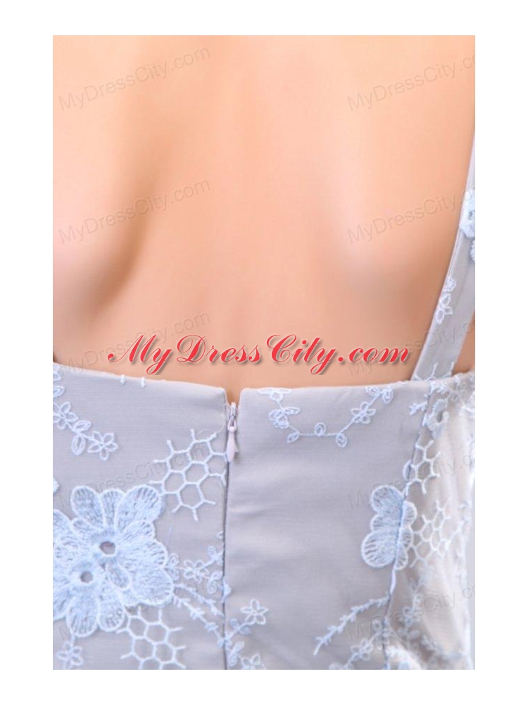 Column Straps Taffeta Grey Embroidery Prom Dress with Brush Train