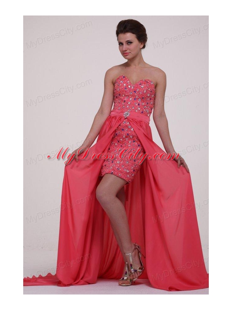 Column Watermelon Red Sweetheart Beading Chiffon Prom Dress