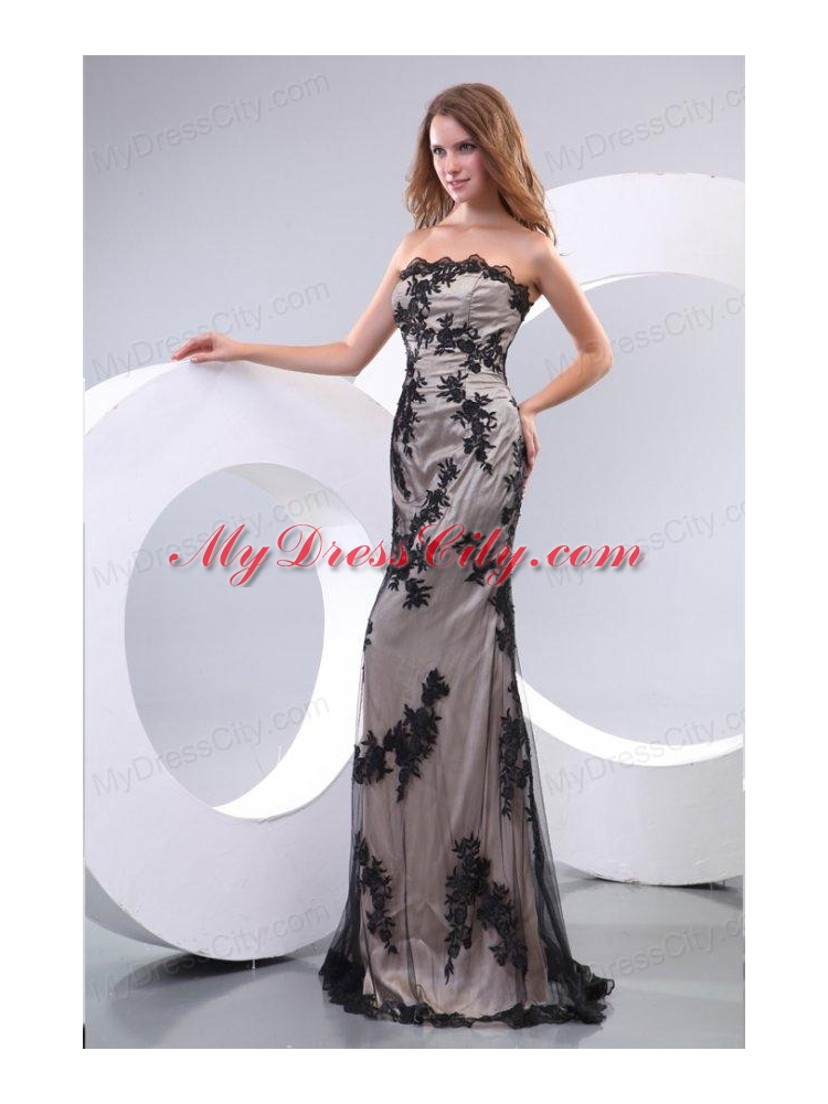 Discount Column Strapless Floor-length Tulle Appliques Black Prom Dress