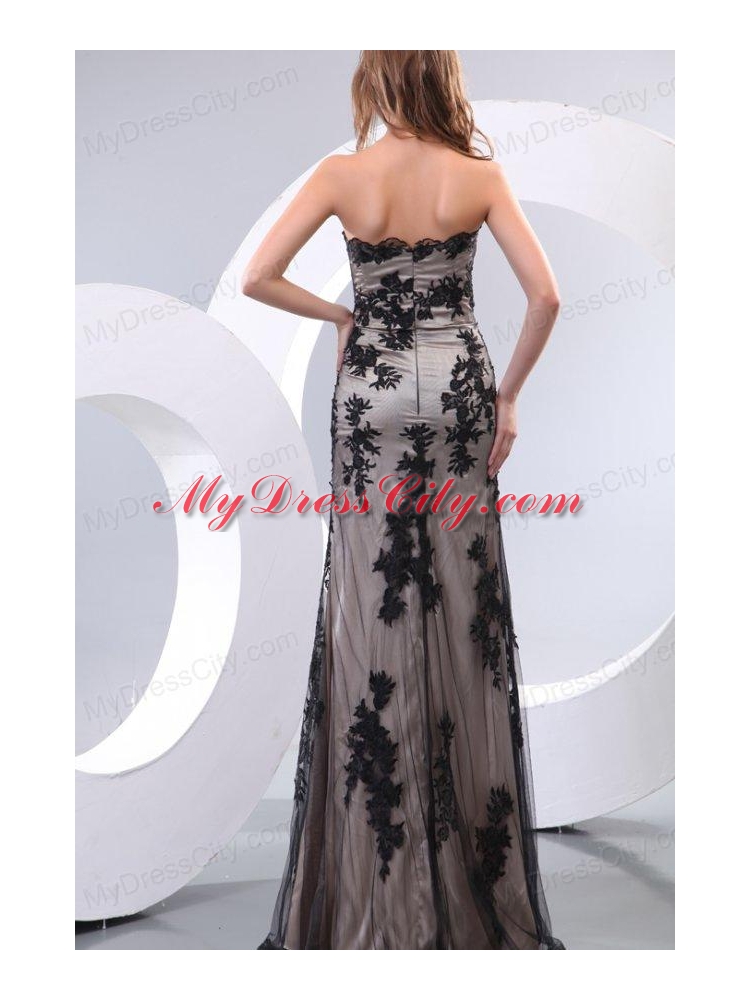 Discount Column Strapless Floor-length Tulle Appliques Black Prom Dress