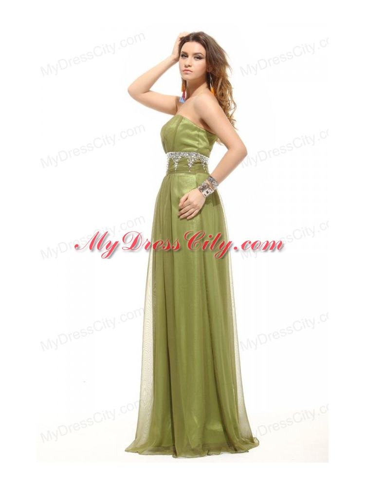 Empire Olive Green Strapless Beading and Ruching Prom Dress