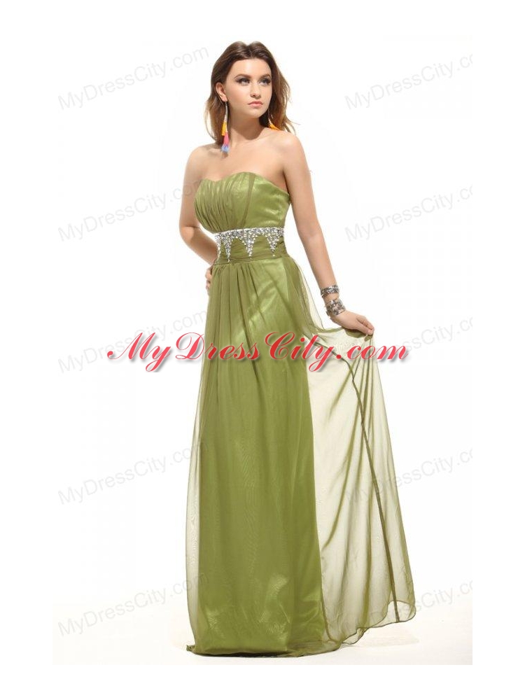 Empire Olive Green Strapless Beading and Ruching Prom Dress