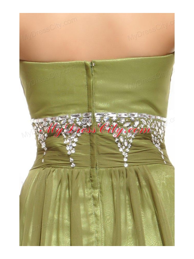 Empire Olive Green Strapless Beading and Ruching Prom Dress