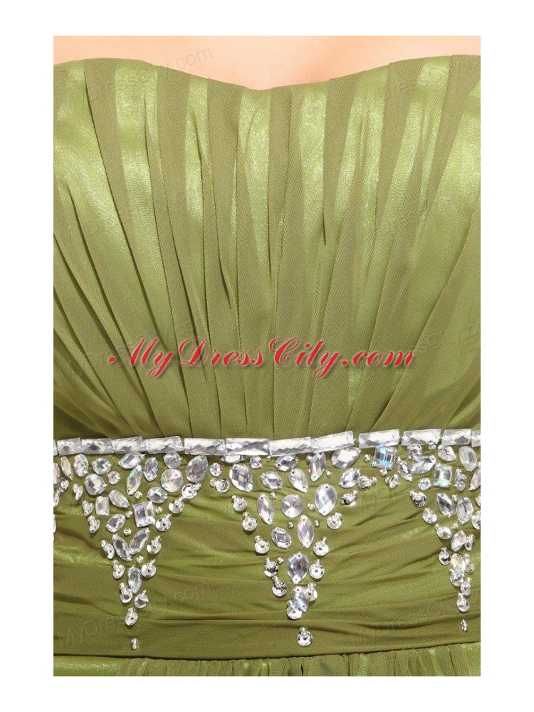 Empire Olive Green Strapless Beading and Ruching Prom Dress