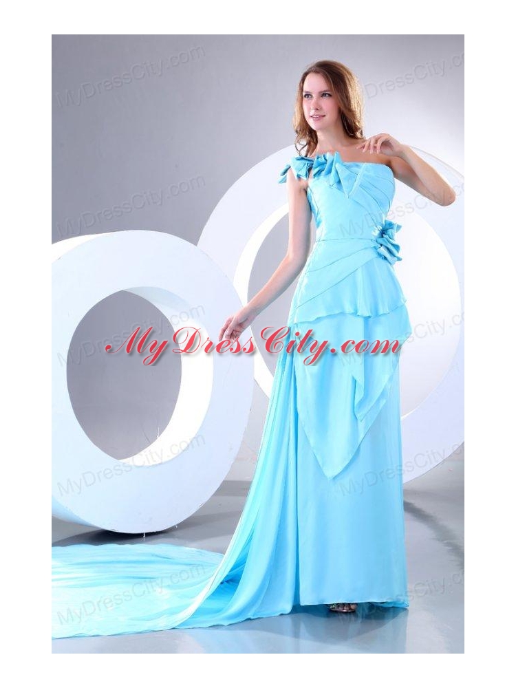 Empire One Shoulder Aqua Blue Watteau Train Prom Dress with Bowknot