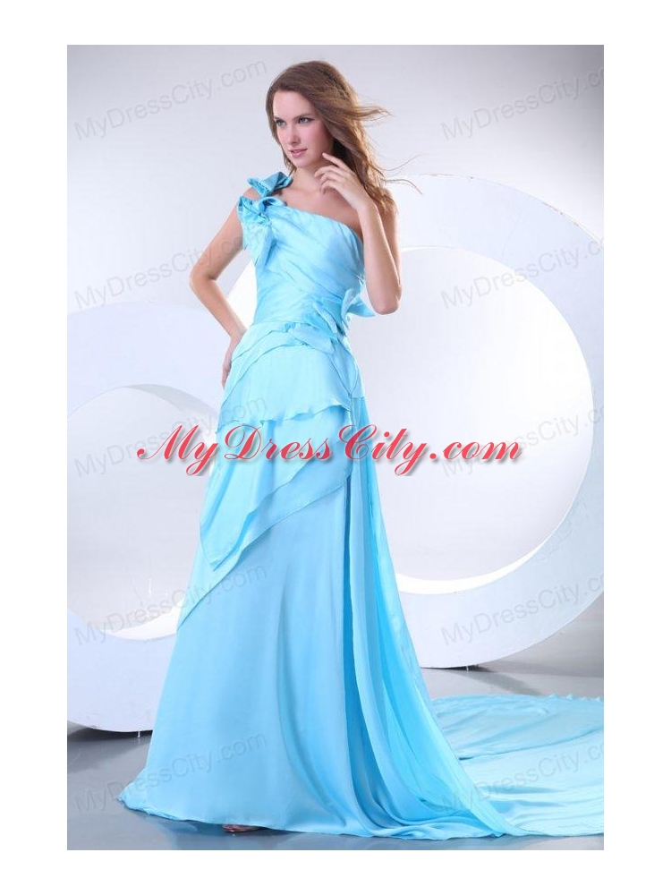 Empire One Shoulder Aqua Blue Watteau Train Prom Dress with Bowknot