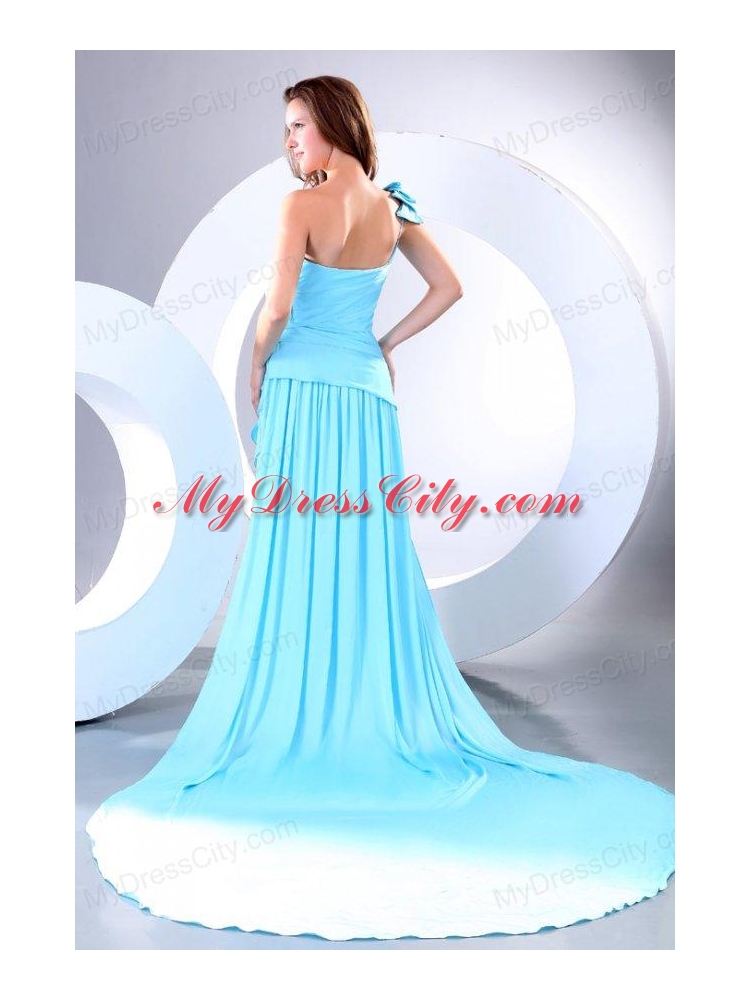 Empire One Shoulder Aqua Blue Watteau Train Prom Dress with Bowknot