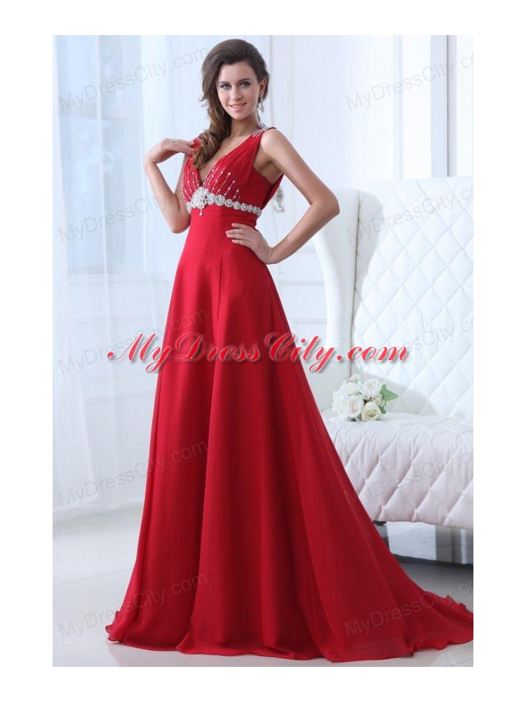 Empire V-neck Brush Train Beading Chiffon 2014 Spring Red Prom Dress