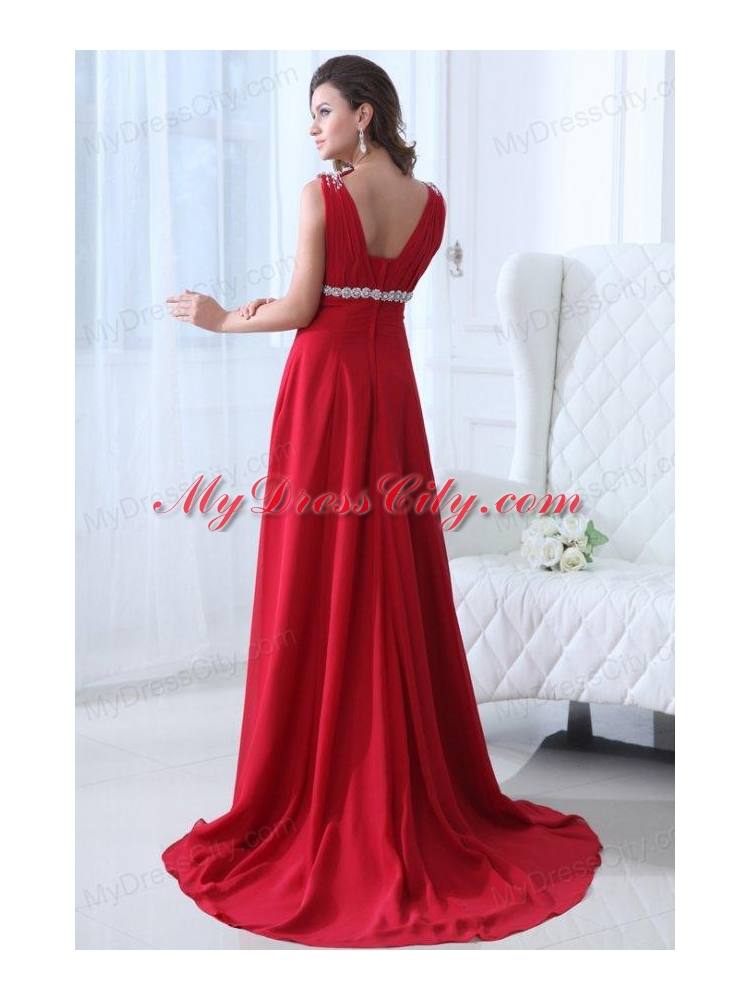 Empire V-neck Brush Train Beading Chiffon 2014 Spring Red Prom Dress