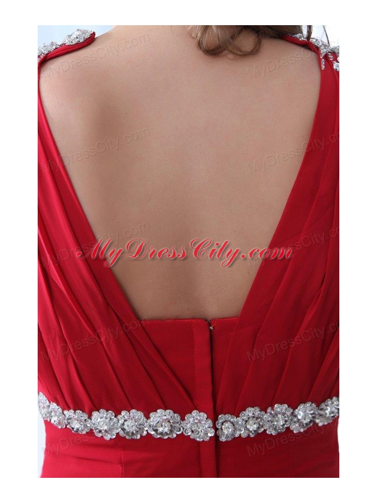 Empire V-neck Brush Train Beading Chiffon 2014 Spring Red Prom Dress