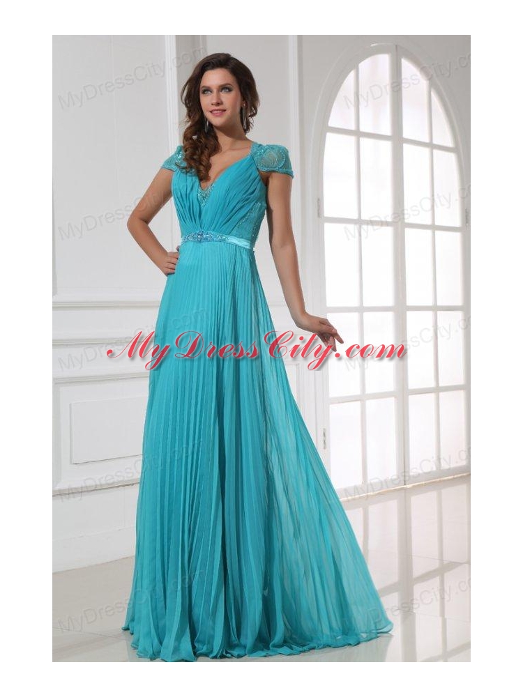 Empire V-neck Floor-length Beading Cap Sleeves Prom Dress with Pleats