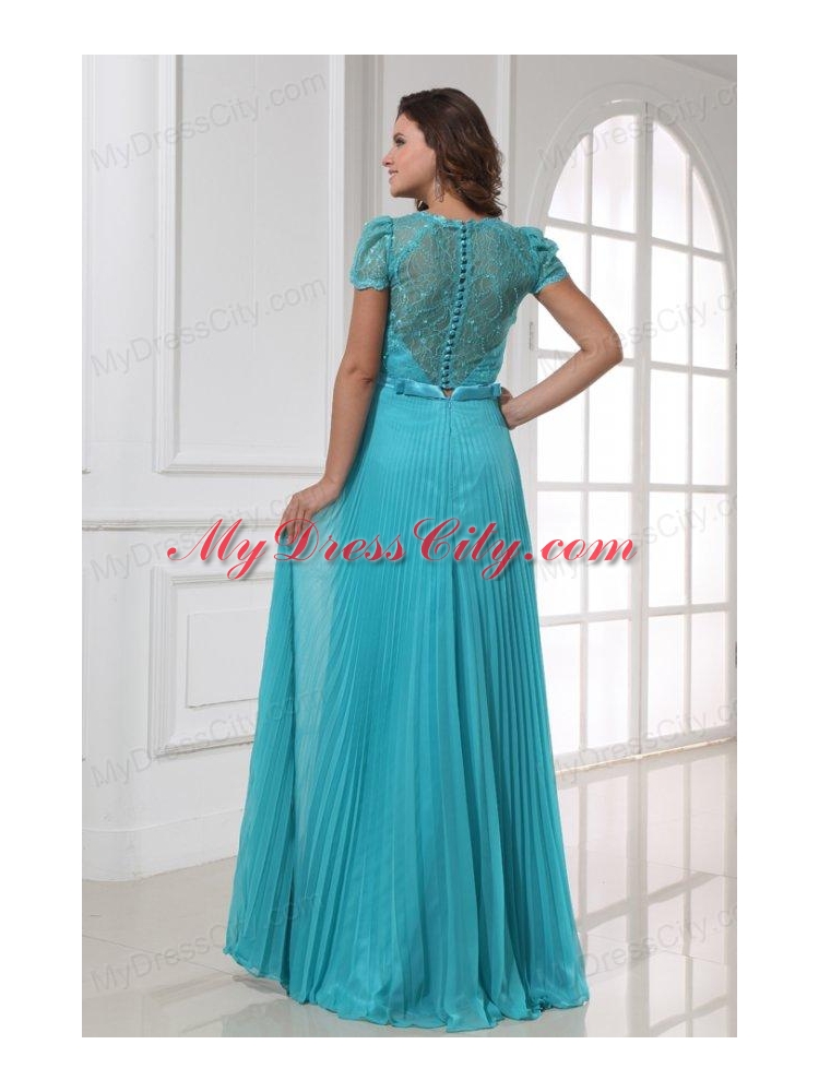 Empire V-neck Floor-length Beading Cap Sleeves Prom Dress with Pleats