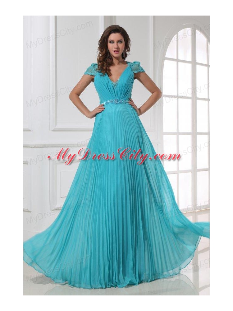 Empire V-neck Floor-length Beading Cap Sleeves Prom Dress with Pleats