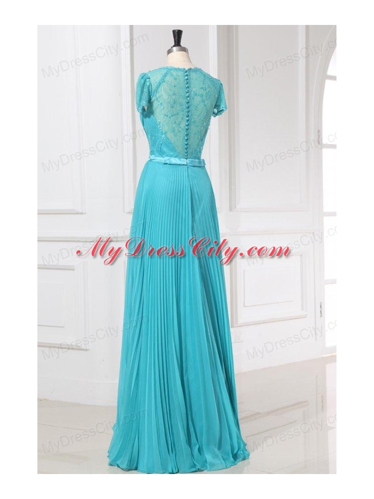 Empire V-neck Floor-length Beading Cap Sleeves Prom Dress with Pleats