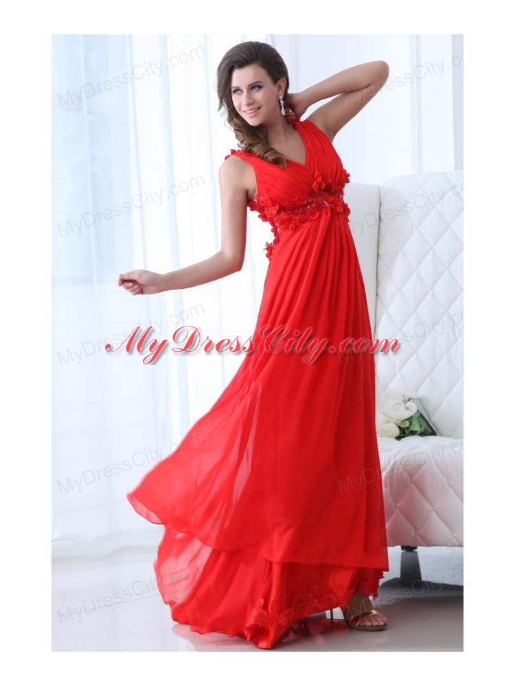 Empire Wine Red V-neck Ruching Appliques Floor-length Prom Dress