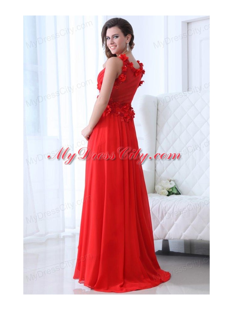 Empire Wine Red V-neck Ruching Appliques Floor-length Prom Dress