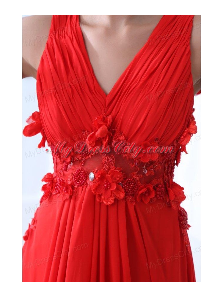 Empire Wine Red V-neck Ruching Appliques Floor-length Prom Dress