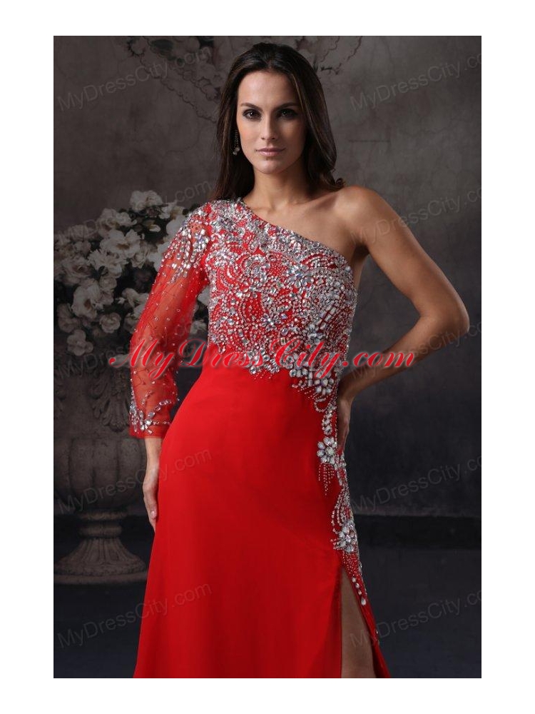 High Slit One Shoulder Red Prom Dress with Beading Long Sleeve