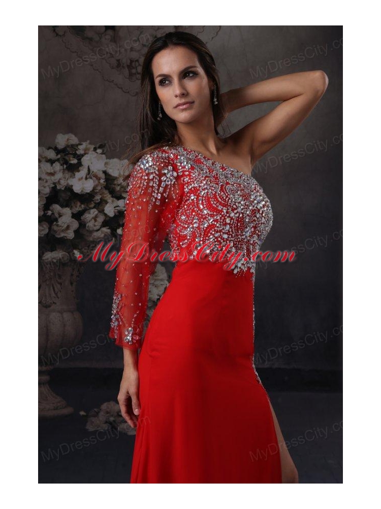 High Slit One Shoulder Red Prom Dress with Beading Long Sleeve