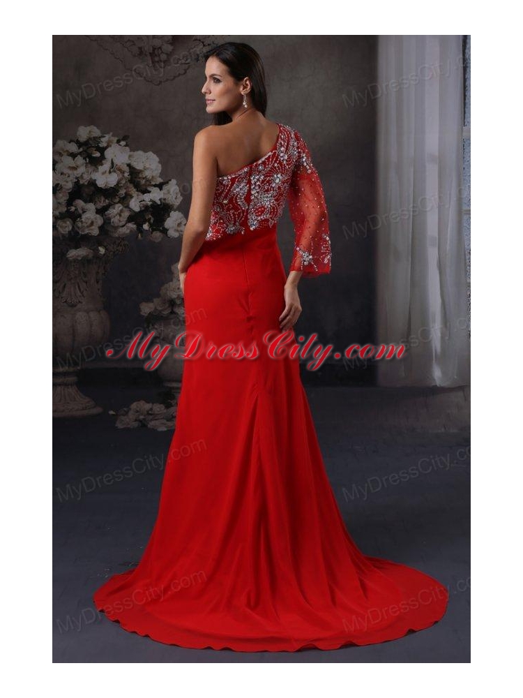 High Slit One Shoulder Red Prom Dress with Beading Long Sleeve