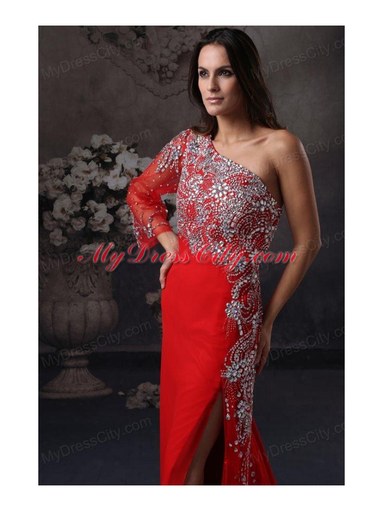 High Slit One Shoulder Red Prom Dress with Beading Long Sleeve