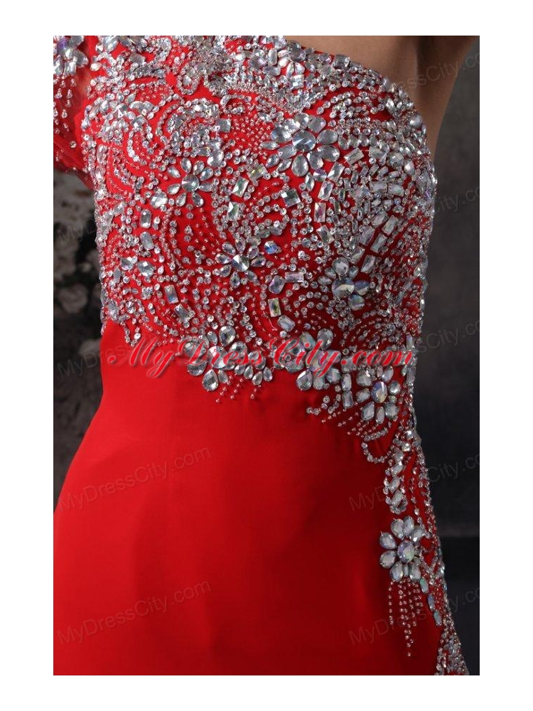 High Slit One Shoulder Red Prom Dress with Beading Long Sleeve