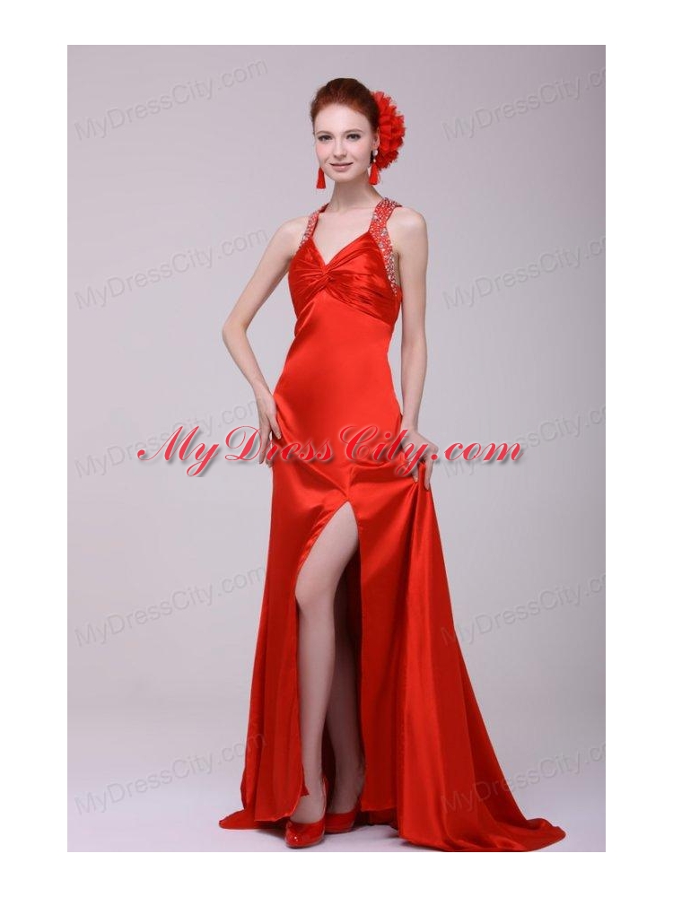 Informal Column Straps Brush Train Elastic Woven Satin Red Prom Dress with Open Back