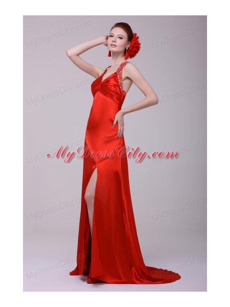 Informal Column Straps Brush Train Elastic Woven Satin Red Prom Dress