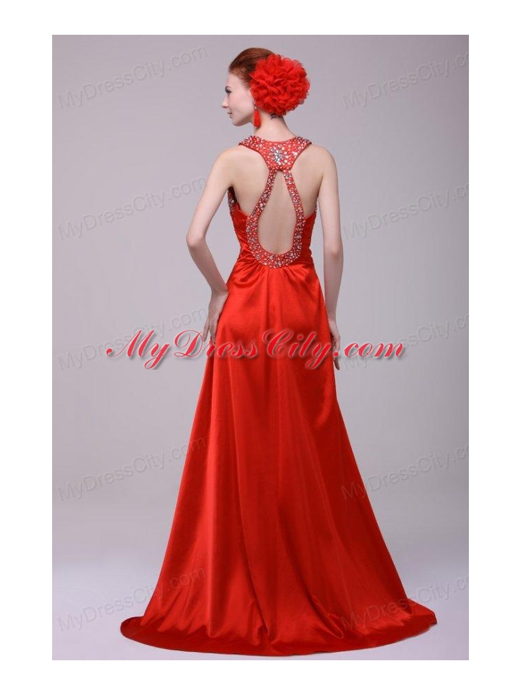 Informal Column Straps Brush Train Elastic Woven Satin Red Prom Dress with Open Back