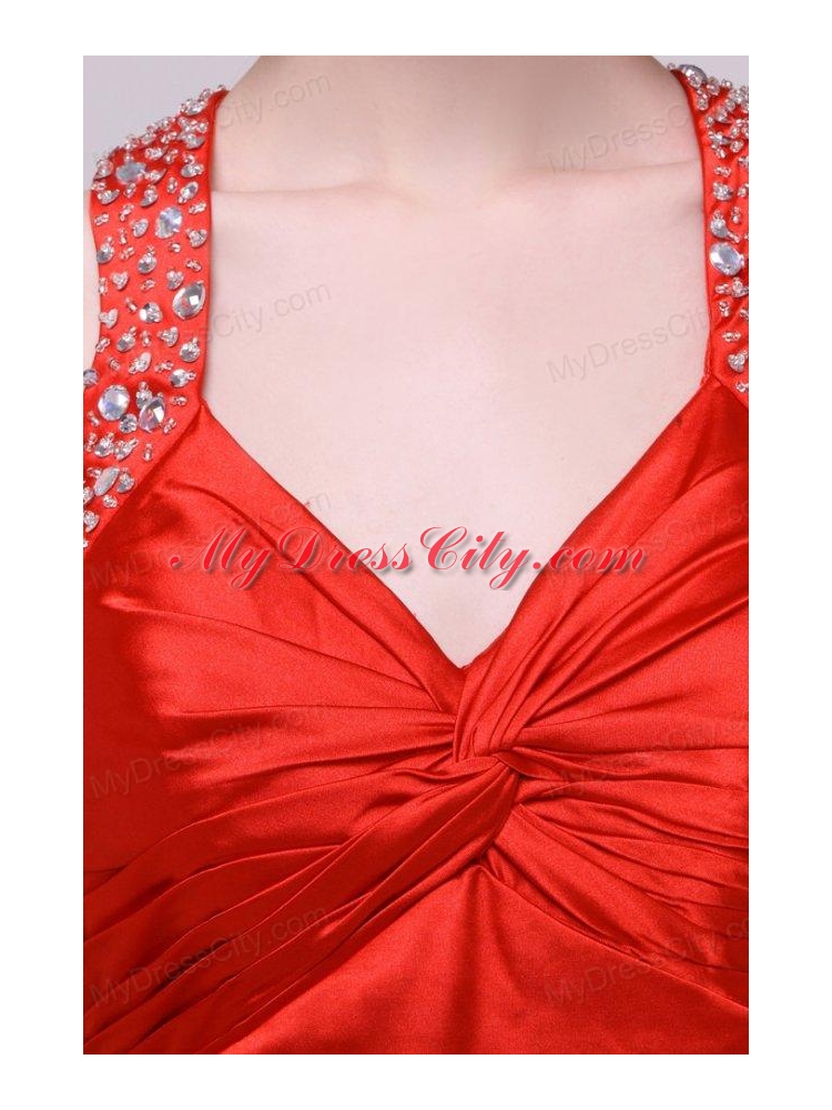 Informal Column Straps Brush Train Elastic Woven Satin Red Prom Dress with Open Back