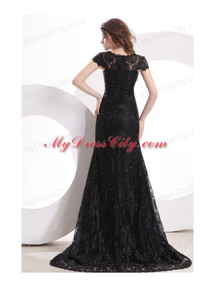 Lace Black Column V Neck Brush Train Prom Dress with Zipper Up