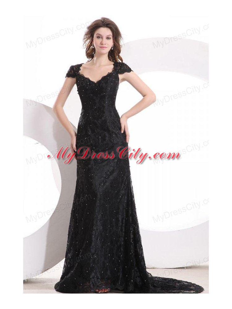 Lace Black Column V Neck Brush Train Prom Dress with Zipper Up