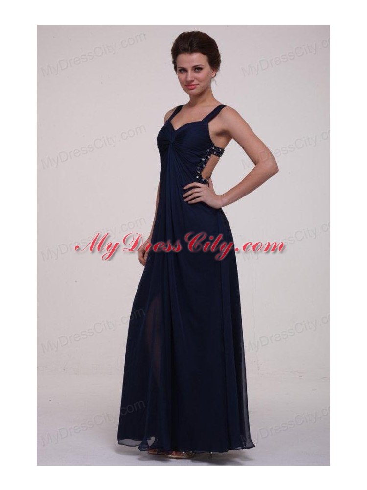 Navy Blue Empire Straps Prom Dress with Beading and Ruching