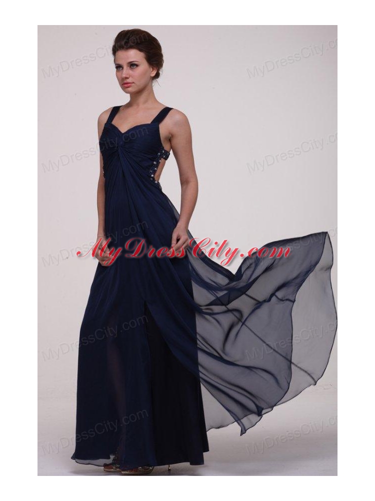 Navy Blue Empire Straps Prom Dress with Beading and Ruching