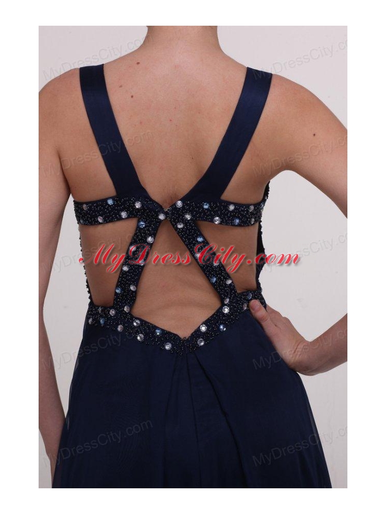 Navy Blue Empire Straps Prom Dress with Beading and Ruching