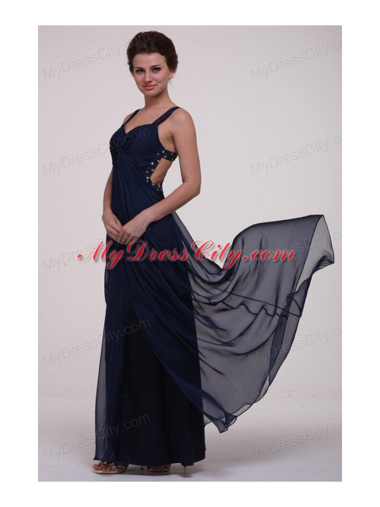 Navy Blue Empire Straps Prom Dress with Beading and Ruching