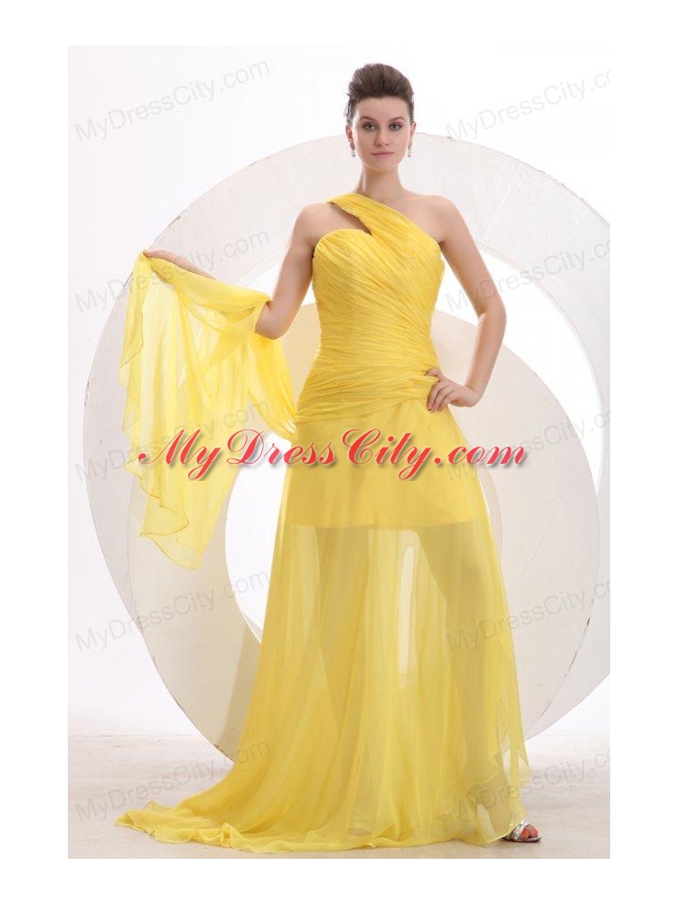 One Shoulder Chiffon Yellow Ruche Prom Dress with Watteau Train