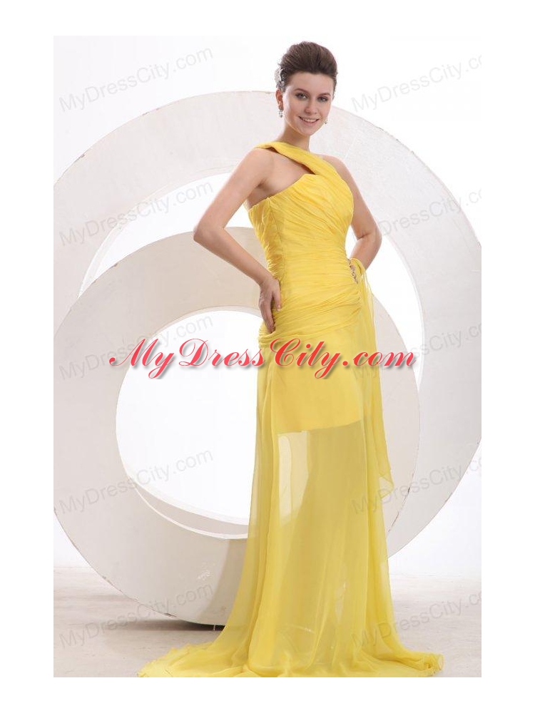 One Shoulder Chiffon Yellow Ruche Prom Dress with Watteau Train